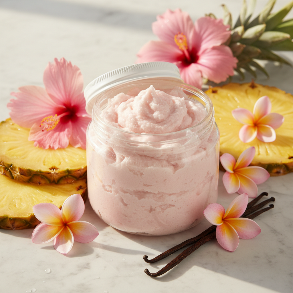 Pink Pineapple Vanilla Sugar Scrub in a glass jar with pineapple and vanilla beans