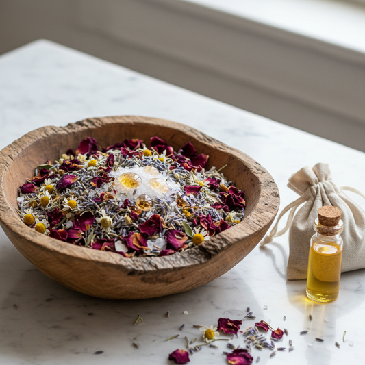 Botanical Tea Bath Blend with dried flowers, spa salts, and essential oils