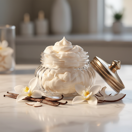 Vanilla Whipped Sugar Scrub in a glass jar with vanilla beans