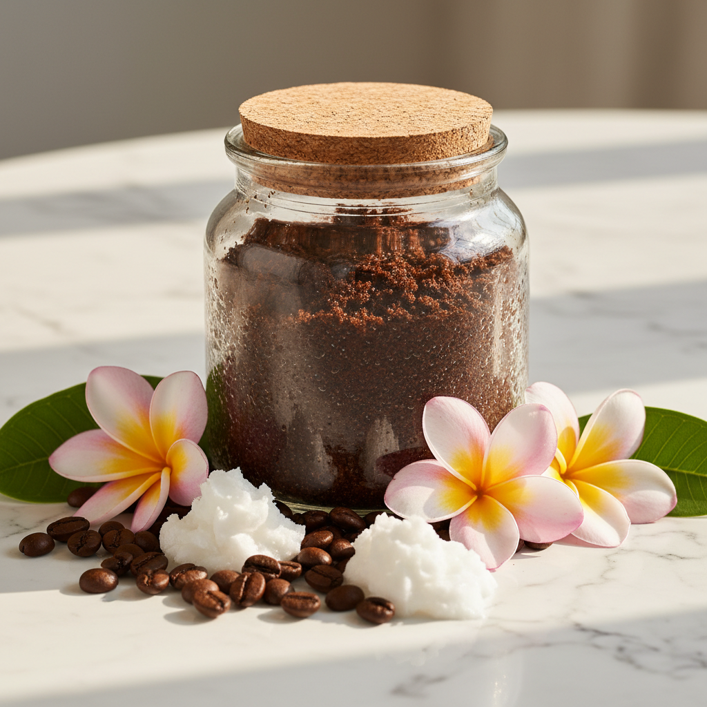 Coffee Body Scrub in a glass jar surrounded by coffee beans and coconut oil