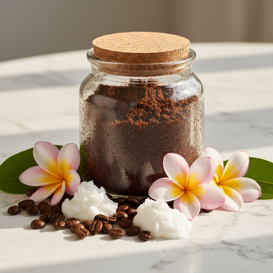 Coffee Body Scrub in a glass jar surrounded by coffee beans and coconut oil